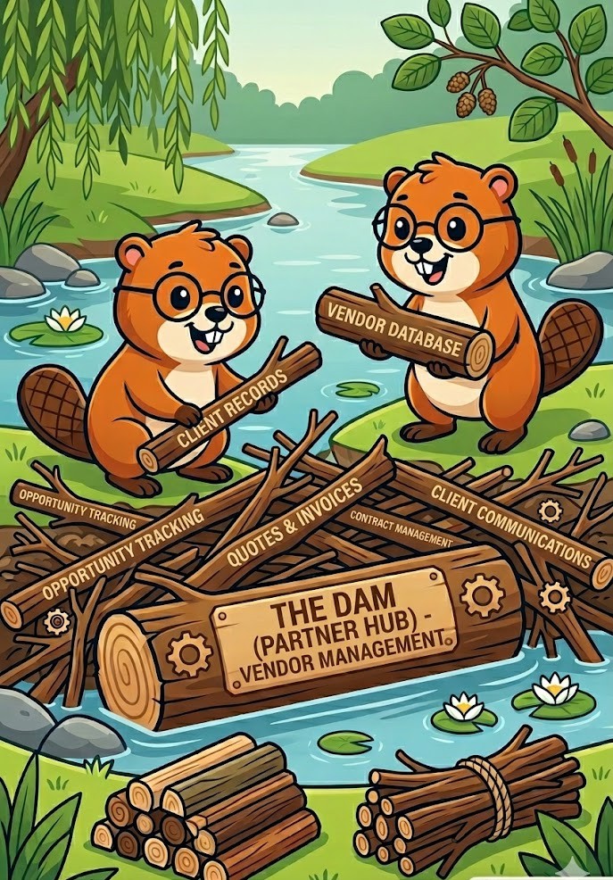 Two beavers building a dam of records — vendor database, client records, opportunity tracking, quotes & invoices, contract management, communications